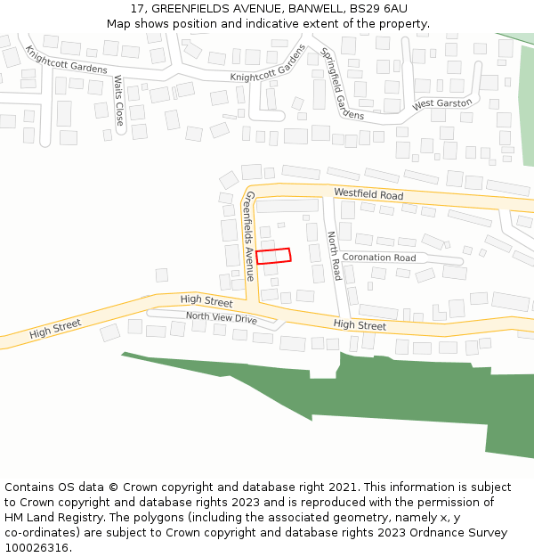 17, GREENFIELDS AVENUE, BANWELL, BS29 6AU: Location map and indicative extent of plot