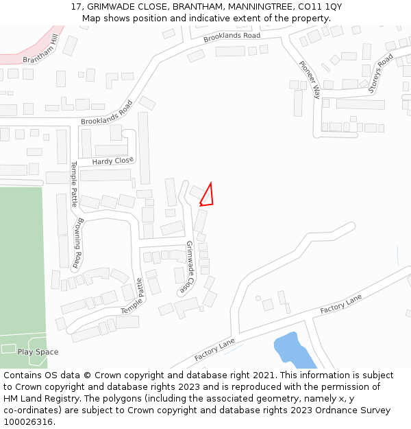 17, GRIMWADE CLOSE, BRANTHAM, MANNINGTREE, CO11 1QY: Location map and indicative extent of plot