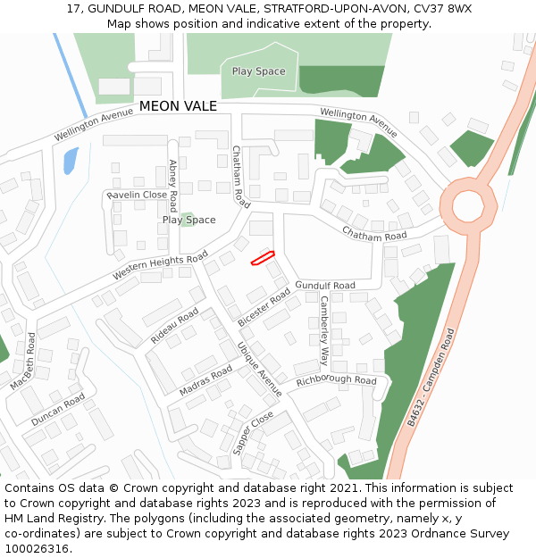 17, GUNDULF ROAD, MEON VALE, STRATFORD-UPON-AVON, CV37 8WX: Location map and indicative extent of plot