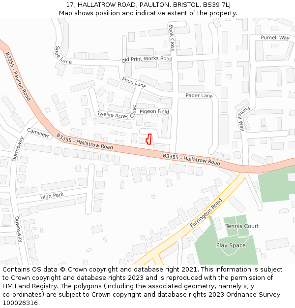 17, HALLATROW ROAD, PAULTON, BRISTOL, BS39 7LJ: Location map and indicative extent of plot