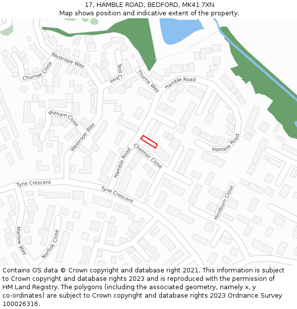 17, HAMBLE ROAD, BEDFORD, MK41 7XN: Location map and indicative extent of plot