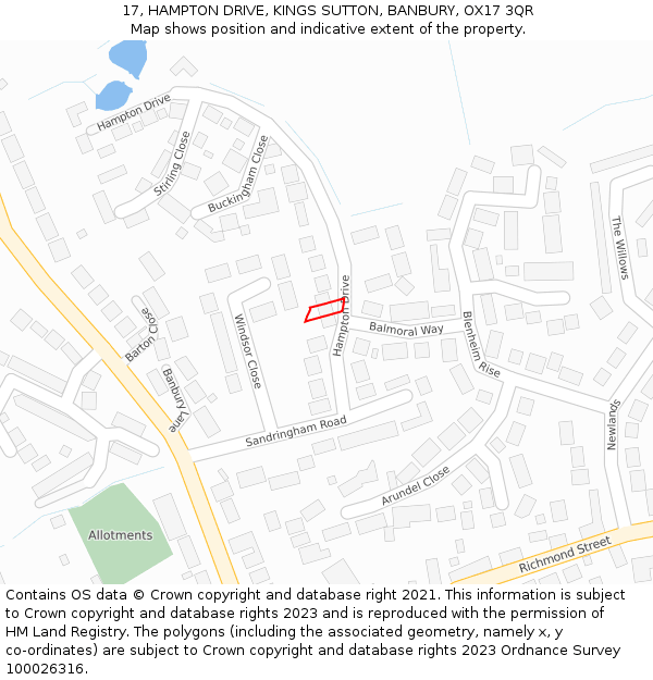 17, HAMPTON DRIVE, KINGS SUTTON, BANBURY, OX17 3QR: Location map and indicative extent of plot