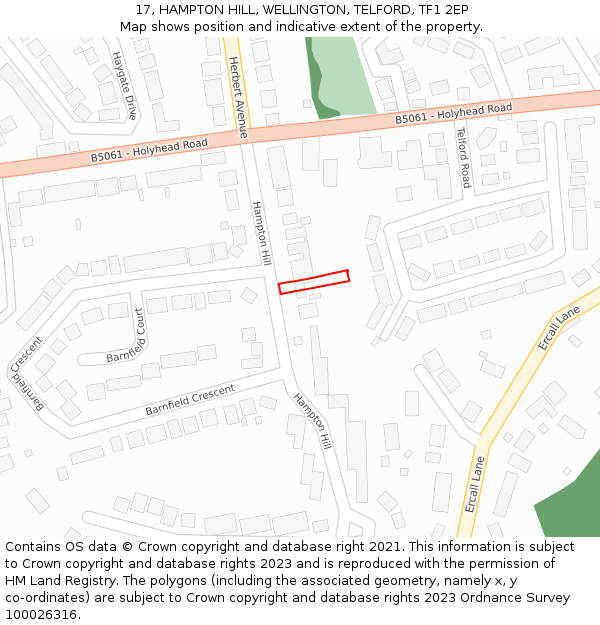 17, HAMPTON HILL, WELLINGTON, TELFORD, TF1 2EP: Location map and indicative extent of plot