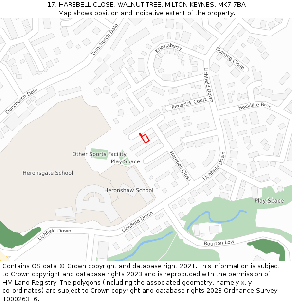 17, HAREBELL CLOSE, WALNUT TREE, MILTON KEYNES, MK7 7BA: Location map and indicative extent of plot