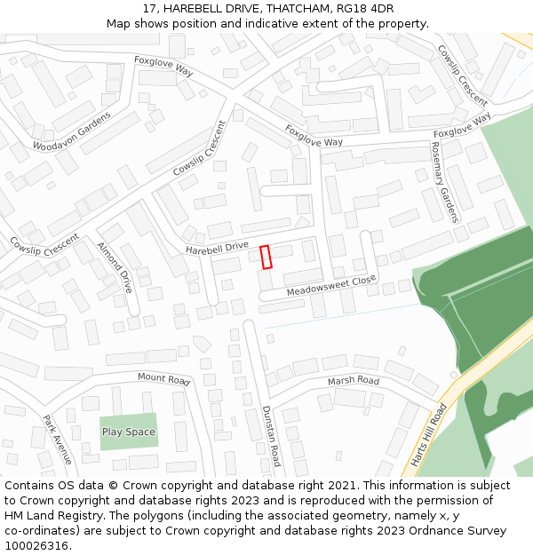 17, HAREBELL DRIVE, THATCHAM, RG18 4DR: Location map and indicative extent of plot