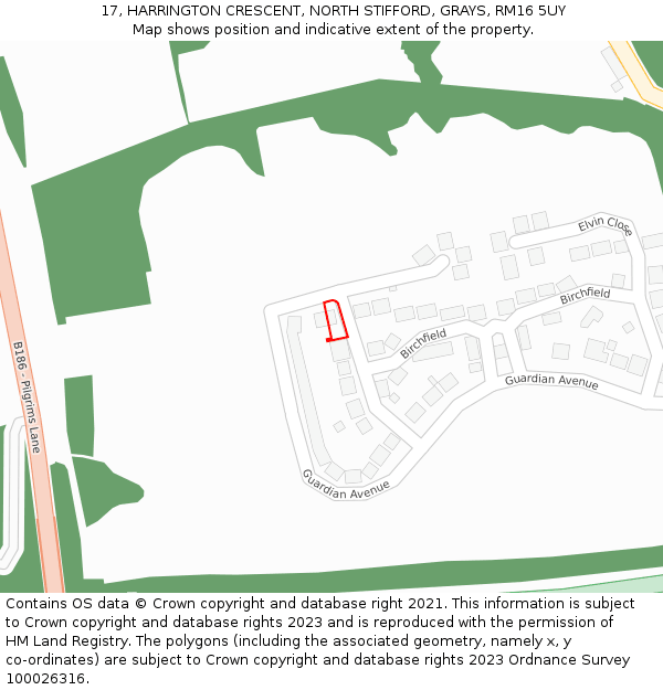 17, HARRINGTON CRESCENT, NORTH STIFFORD, GRAYS, RM16 5UY: Location map and indicative extent of plot