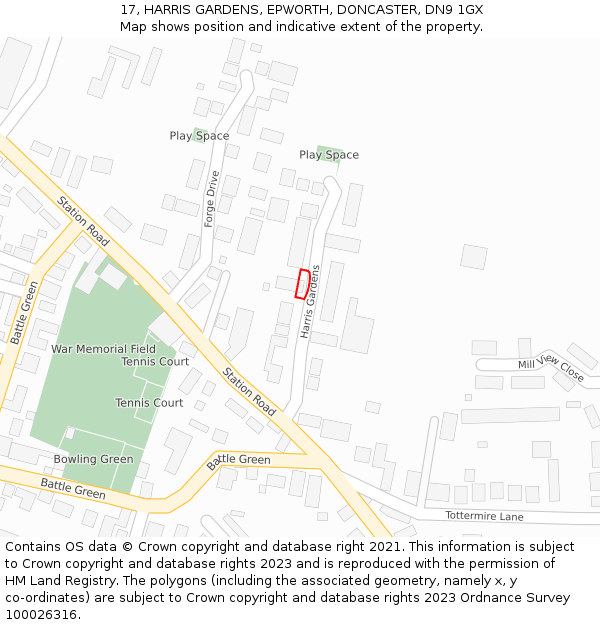 17, HARRIS GARDENS, EPWORTH, DONCASTER, DN9 1GX: Location map and indicative extent of plot