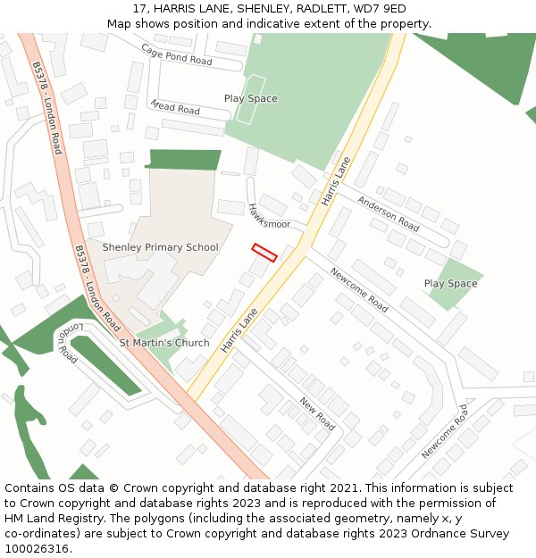 17, HARRIS LANE, SHENLEY, RADLETT, WD7 9ED: Location map and indicative extent of plot