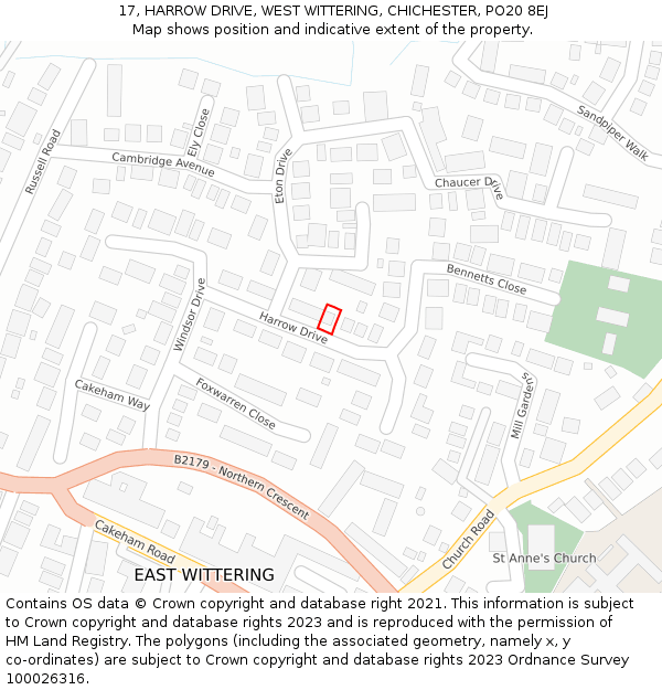 17, HARROW DRIVE, WEST WITTERING, CHICHESTER, PO20 8EJ: Location map and indicative extent of plot