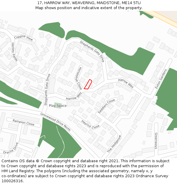 17, HARROW WAY, WEAVERING, MAIDSTONE, ME14 5TU: Location map and indicative extent of plot