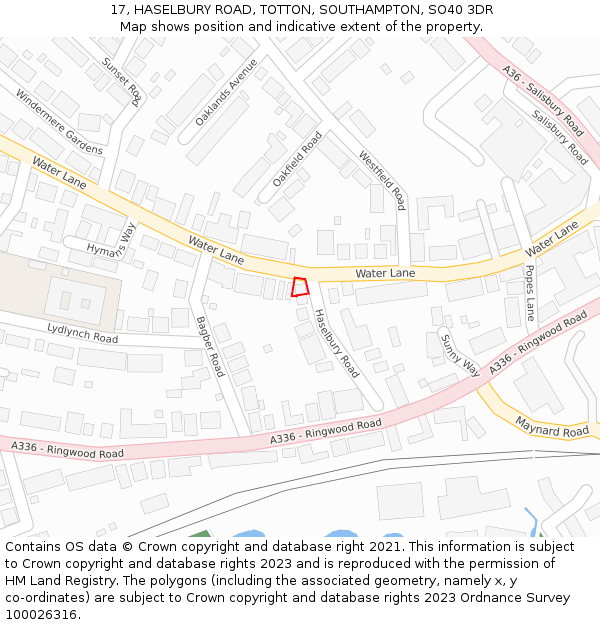 17, HASELBURY ROAD, TOTTON, SOUTHAMPTON, SO40 3DR: Location map and indicative extent of plot