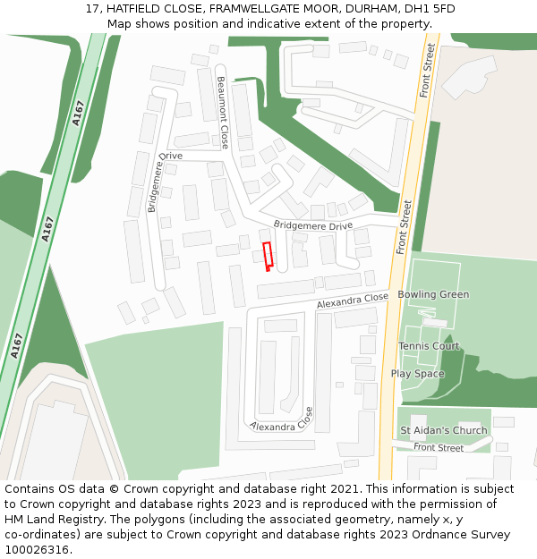 17, HATFIELD CLOSE, FRAMWELLGATE MOOR, DURHAM, DH1 5FD: Location map and indicative extent of plot