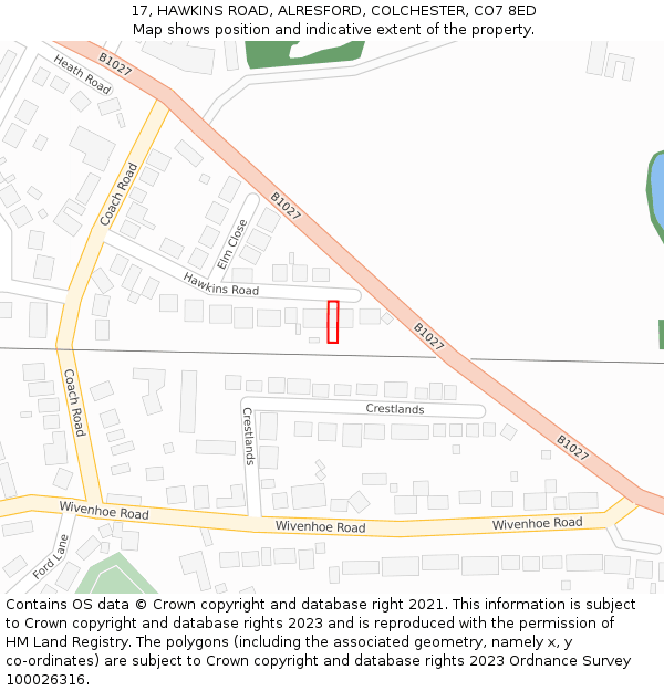 17, HAWKINS ROAD, ALRESFORD, COLCHESTER, CO7 8ED: Location map and indicative extent of plot