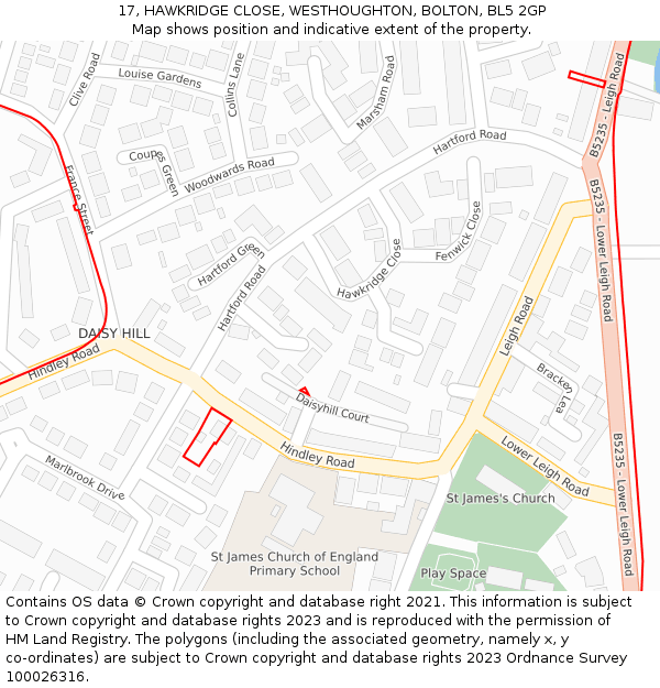 17, HAWKRIDGE CLOSE, WESTHOUGHTON, BOLTON, BL5 2GP: Location map and indicative extent of plot