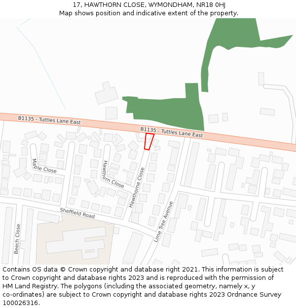 17, HAWTHORN CLOSE, WYMONDHAM, NR18 0HJ: Location map and indicative extent of plot