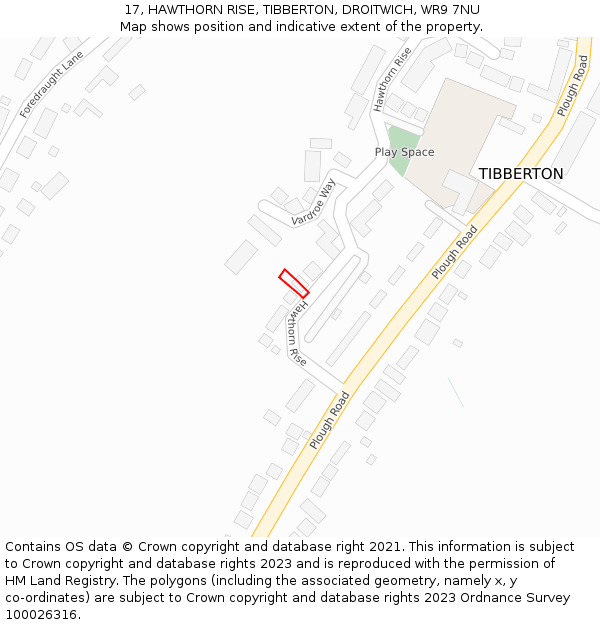 17, HAWTHORN RISE, TIBBERTON, DROITWICH, WR9 7NU: Location map and indicative extent of plot