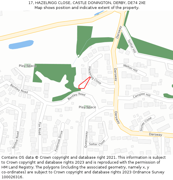 17, HAZELRIGG CLOSE, CASTLE DONINGTON, DERBY, DE74 2XE: Location map and indicative extent of plot