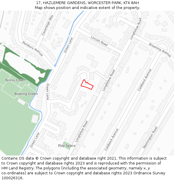 17, HAZLEMERE GARDENS, WORCESTER PARK, KT4 8AH: Location map and indicative extent of plot