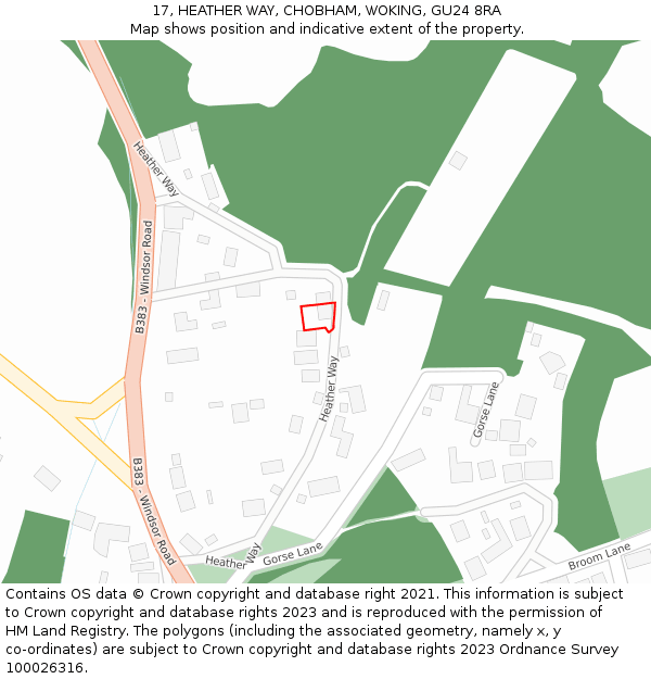 17, HEATHER WAY, CHOBHAM, WOKING, GU24 8RA: Location map and indicative extent of plot
