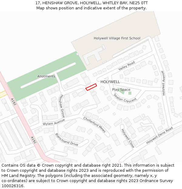 17, HENSHAW GROVE, HOLYWELL, WHITLEY BAY, NE25 0TT: Location map and indicative extent of plot