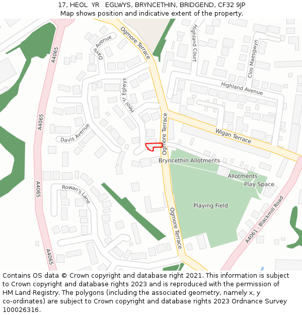 17, HEOL  YR   EGLWYS, BRYNCETHIN, BRIDGEND, CF32 9JP: Location map and indicative extent of plot