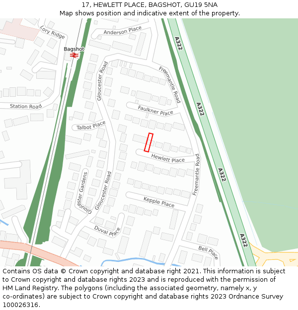 17, HEWLETT PLACE, BAGSHOT, GU19 5NA: Location map and indicative extent of plot