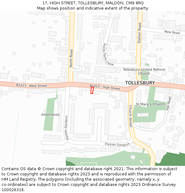 17, HIGH STREET, TOLLESBURY, MALDON, CM9 8RG: Location map and indicative extent of plot