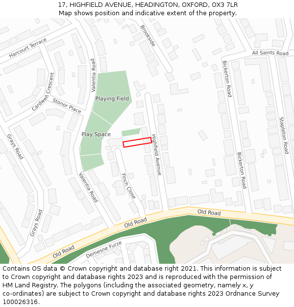 17, HIGHFIELD AVENUE, HEADINGTON, OXFORD, OX3 7LR: Location map and indicative extent of plot