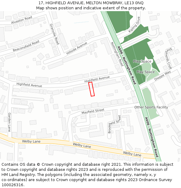 17, HIGHFIELD AVENUE, MELTON MOWBRAY, LE13 0NQ: Location map and indicative extent of plot