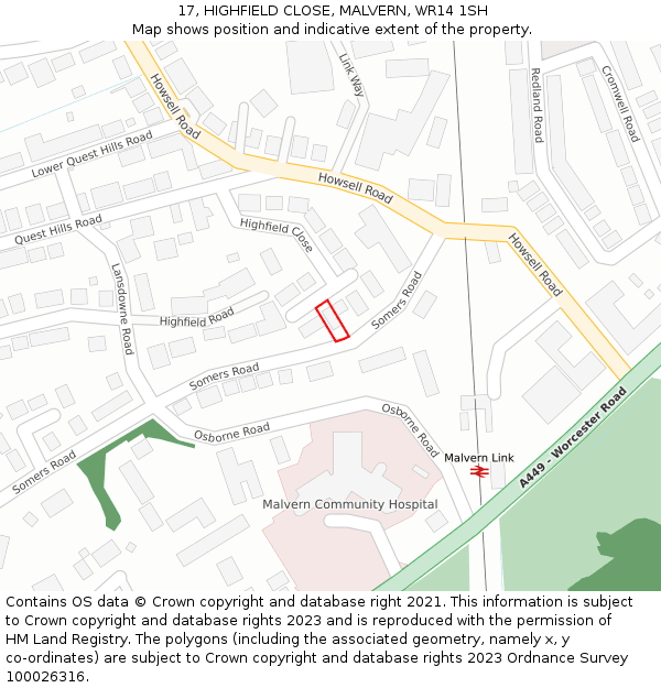 17, HIGHFIELD CLOSE, MALVERN, WR14 1SH: Location map and indicative extent of plot