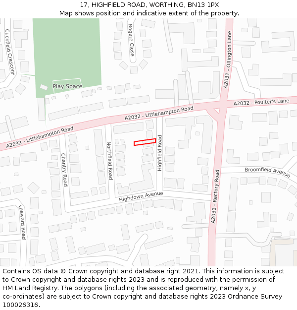 17, HIGHFIELD ROAD, WORTHING, BN13 1PX: Location map and indicative extent of plot