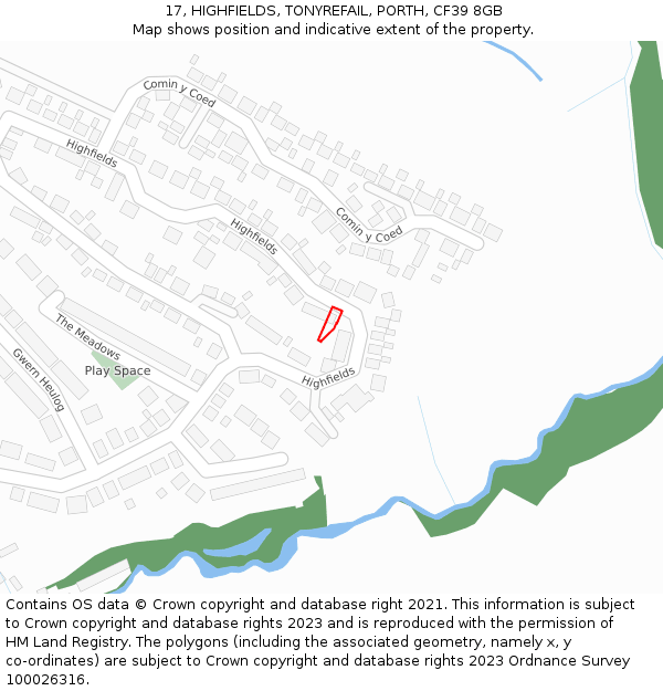 17, HIGHFIELDS, TONYREFAIL, PORTH, CF39 8GB: Location map and indicative extent of plot