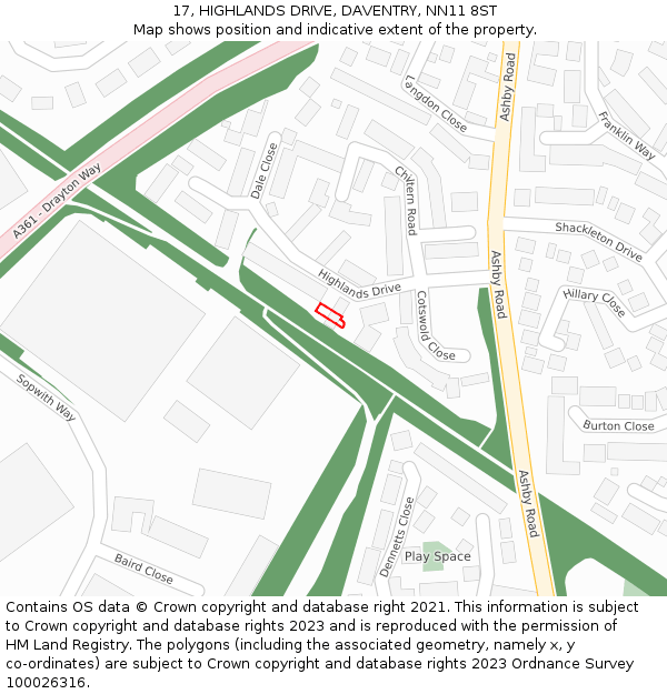 17, HIGHLANDS DRIVE, DAVENTRY, NN11 8ST: Location map and indicative extent of plot