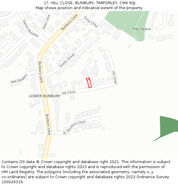 17, HILL CLOSE, BUNBURY, TARPORLEY, CW6 9QJ: Location map and indicative extent of plot