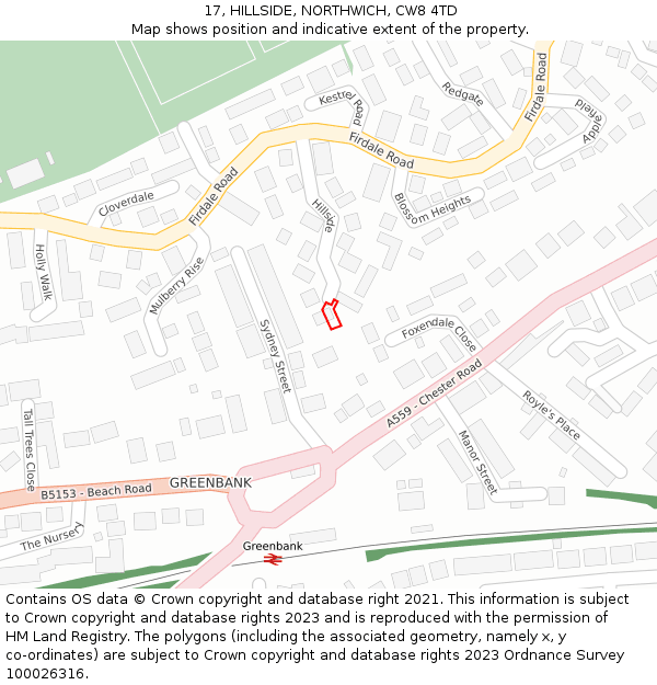 17, HILLSIDE, NORTHWICH, CW8 4TD: Location map and indicative extent of plot