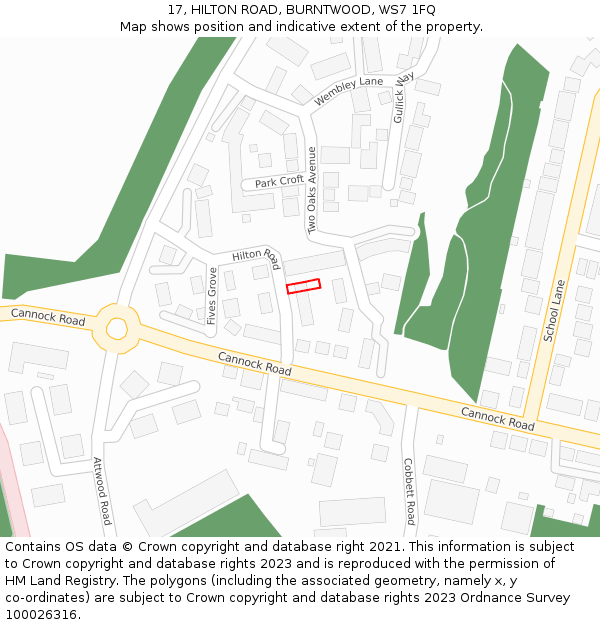 17, HILTON ROAD, BURNTWOOD, WS7 1FQ: Location map and indicative extent of plot