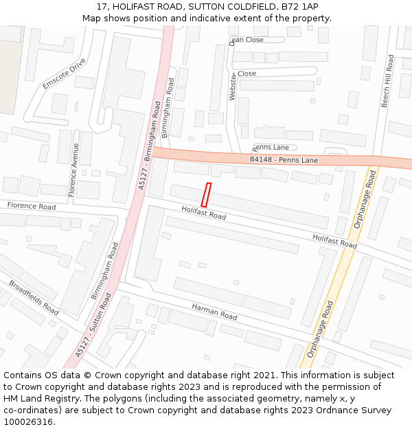 17, HOLIFAST ROAD, SUTTON COLDFIELD, B72 1AP: Location map and indicative extent of plot