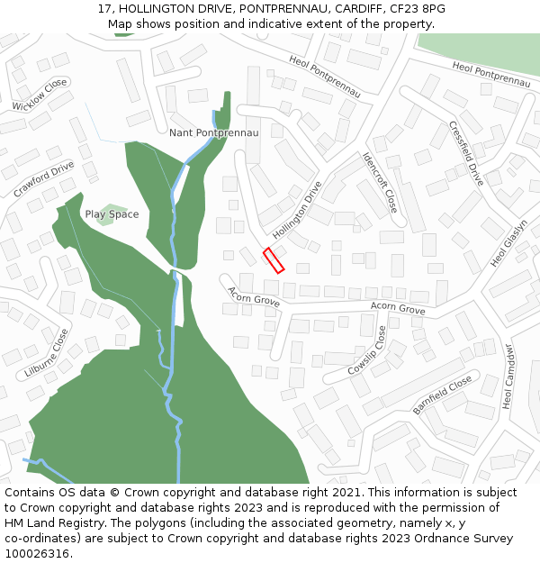 17, HOLLINGTON DRIVE, PONTPRENNAU, CARDIFF, CF23 8PG: Location map and indicative extent of plot