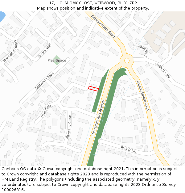 17, HOLM OAK CLOSE, VERWOOD, BH31 7PP: Location map and indicative extent of plot