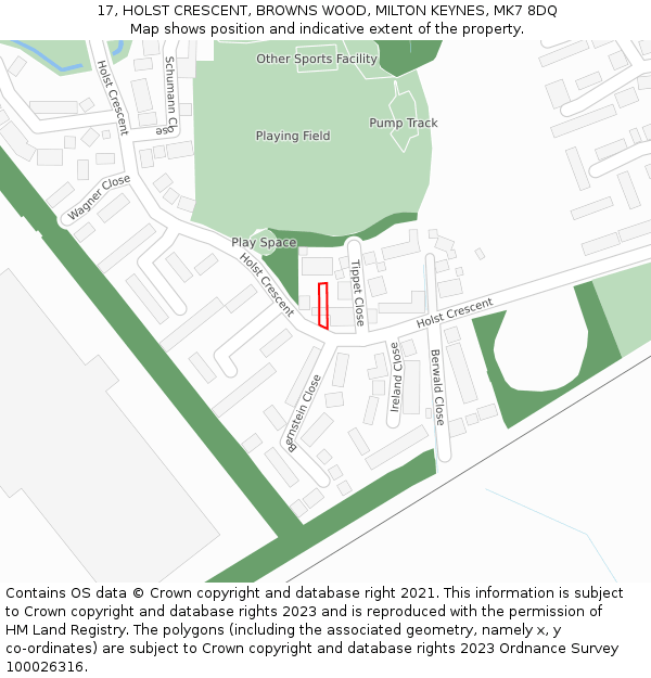 17, HOLST CRESCENT, BROWNS WOOD, MILTON KEYNES, MK7 8DQ: Location map and indicative extent of plot