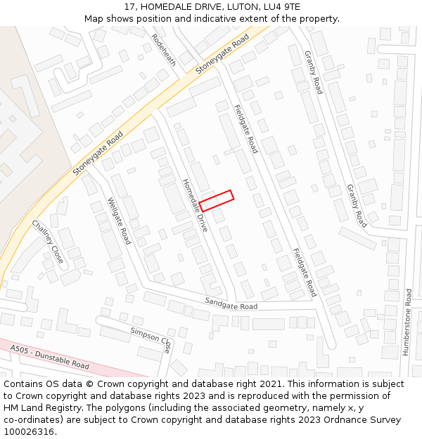 17, HOMEDALE DRIVE, LUTON, LU4 9TE: Location map and indicative extent of plot