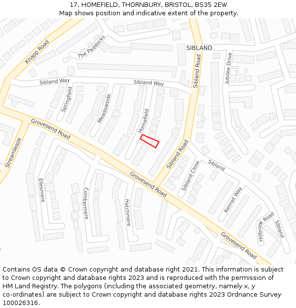 17, HOMEFIELD, THORNBURY, BRISTOL, BS35 2EW: Location map and indicative extent of plot