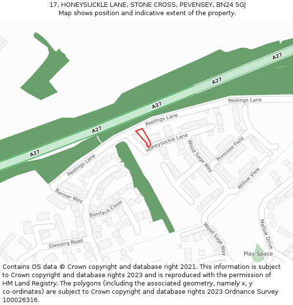 17, HONEYSUCKLE LANE, STONE CROSS, PEVENSEY, BN24 5GJ: Location map and indicative extent of plot