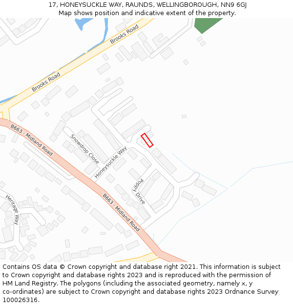 17, HONEYSUCKLE WAY, RAUNDS, WELLINGBOROUGH, NN9 6GJ: Location map and indicative extent of plot