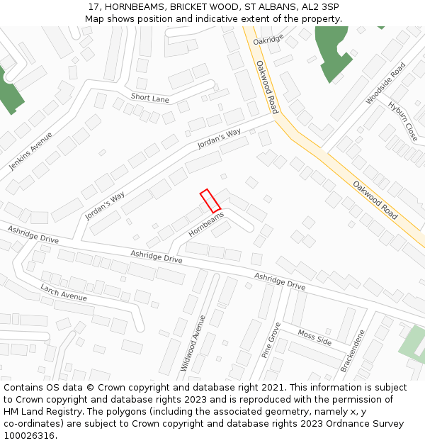 17, HORNBEAMS, BRICKET WOOD, ST ALBANS, AL2 3SP: Location map and indicative extent of plot