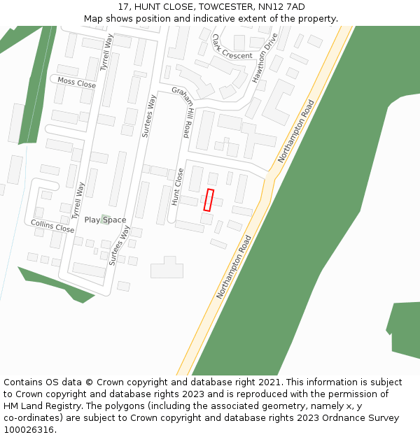 17, HUNT CLOSE, TOWCESTER, NN12 7AD: Location map and indicative extent of plot