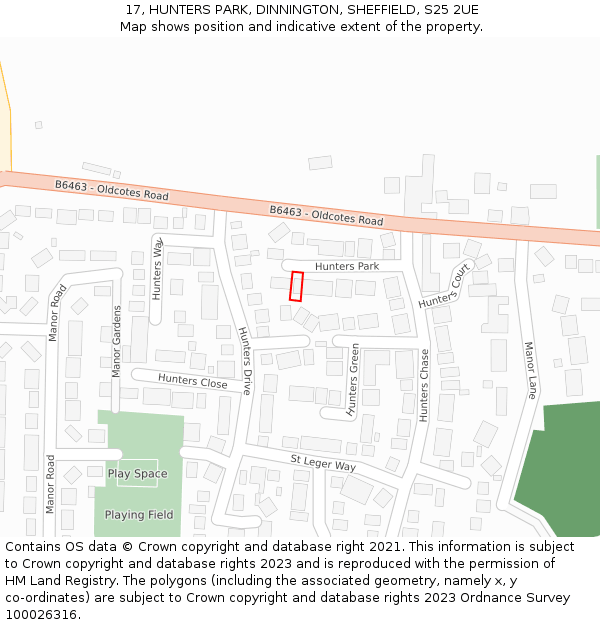 17, HUNTERS PARK, DINNINGTON, SHEFFIELD, S25 2UE: Location map and indicative extent of plot