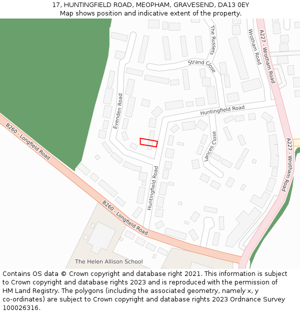 17, HUNTINGFIELD ROAD, MEOPHAM, GRAVESEND, DA13 0EY: Location map and indicative extent of plot