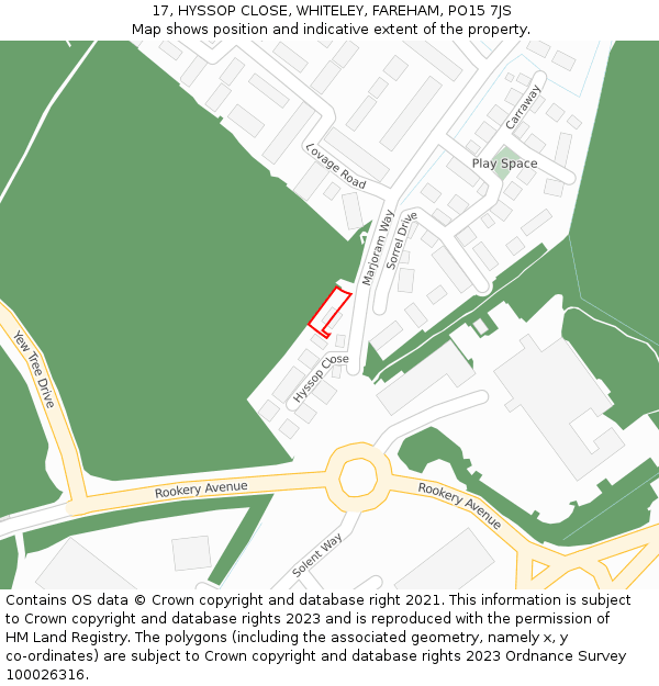 17, HYSSOP CLOSE, WHITELEY, FAREHAM, PO15 7JS: Location map and indicative extent of plot