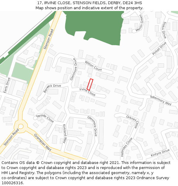 17, IRVINE CLOSE, STENSON FIELDS, DERBY, DE24 3HS: Location map and indicative extent of plot